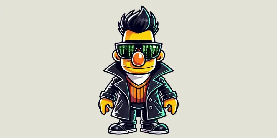 A digital picture of Bert from Sesame street, wering black trench coat and sunglasses